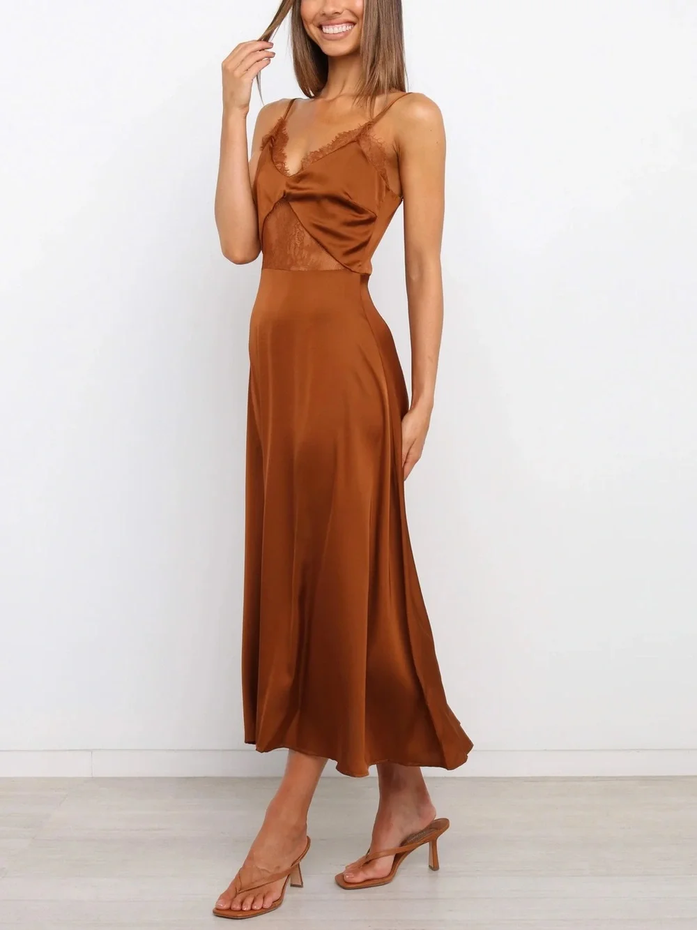 Petal & Pup Ariel Brown Satin Lace Midi Dress Size 8 NWT - Picture 2 of 11